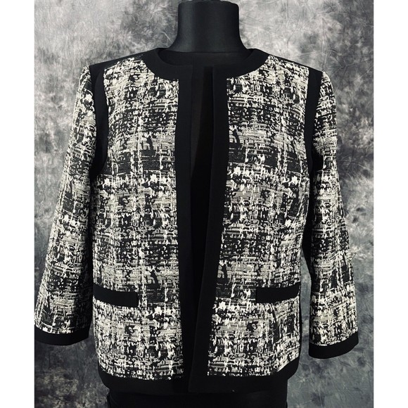 Kasper Abstract Print Open Blazer Jacket 14P Black/White/Silver Jacquard - Picture 2 of 6